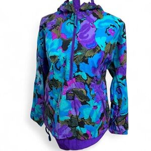 Floral vintage windbreaker blue purple green 80s 70s 90s spring rain jacket y2k